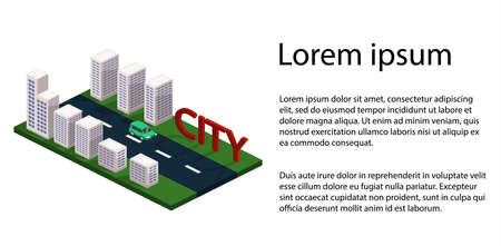 Isometric 3D vector illustration buildings, car on the map with the road.のイラスト素材
