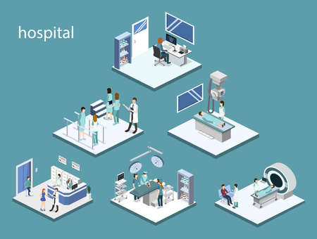Isometric 3D vector illustration set of reception in the hospital, mrt, x-ray, surgery, rehabilitationのイラスト素材