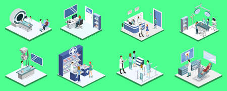 Isometric 3D vector illustration set of reception, mrt, surgery, rehabilitation, pharmacy and dentistのイラスト素材