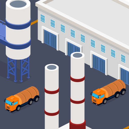 Isometric 3D vector illustration Oil plant with high-rises. A truck with an oil tanker. Warehouse with oil.のイラスト素材