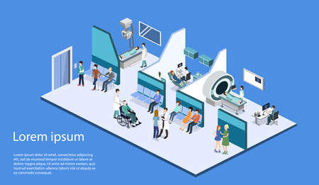 Isometric 3D vector illustration patients waiting room for a doctor. Department of Gynecology, MRI...