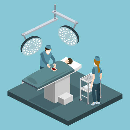 Isometric 3D vector illustration surgeon operates on the patient. The nurse assists the doctor. The doctor is treating the patient.のイラスト素材