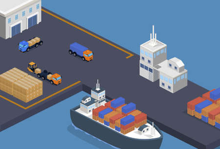 Isometric 3D vector illustration concept Warehouse with loading machines for shipment to the cargo ship.のイラスト素材