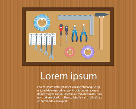 Flat vector illustration working tools on wooden top viewのイラスト素材