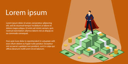 Isometric 3D vector illustration concept, businessman stands on a pile of moneyのイラスト素材