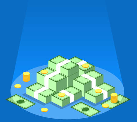 Isometric 3D vector illustration concept, pile of paper money and coinsのイラスト素材