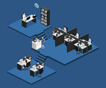 Isometric 3D illustration set Interior of department office with workplacesのイラスト素材