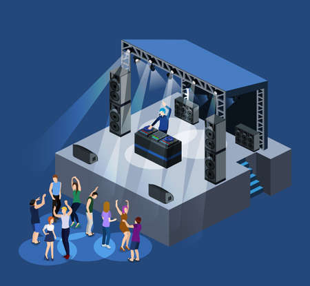 Isometric 3D vector DJ party on stage behind the remote controlのイラスト素材