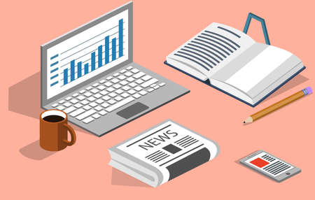 Isometric 3D vector illustration books, notebook, newspaper and phoneのイラスト素材
