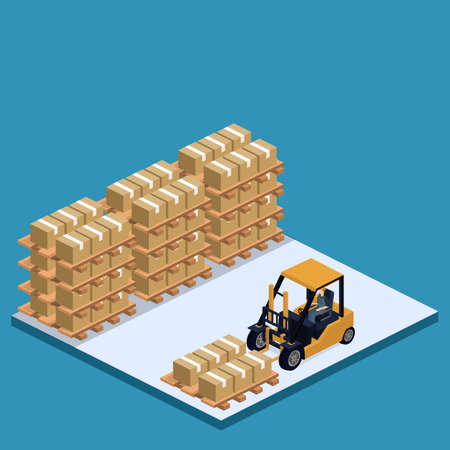 Isometric 3D vector illustration warehouse with a forklift, goods and people. Logistic process in the warehouse.のイラスト素材