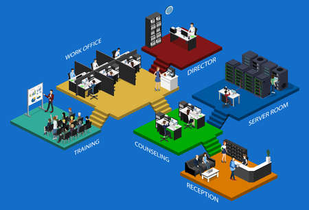 Set of isometric flat 3d office interior departments concept illustration.のイラスト素材