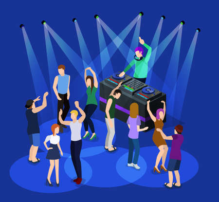 Isometric 3D illustration of DJ party on stage with dancing people.のイラスト素材