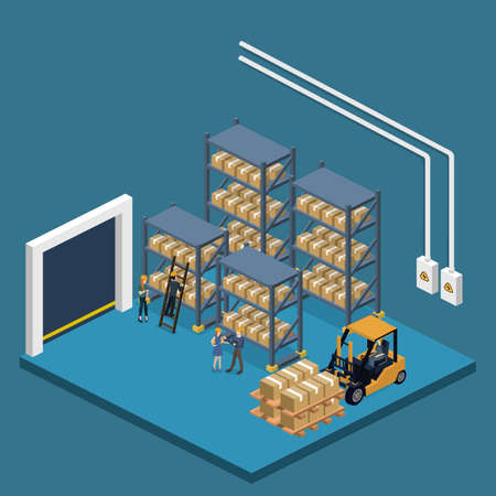 Isometric 3D vector illustration warehouse with a forklift, goods and people. Logistic process in the warehouseのイラスト素材
