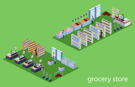 Isometric 3D vector illustration set of a grocery store with buyers and cashierのイラスト素材