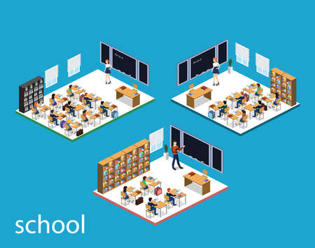 Isometric 3D vector illustration Interior class in school with studentsのイラスト素材