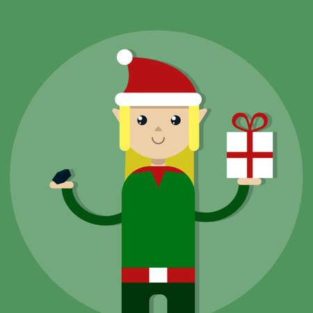 Flat vector illustration cartoon Christmas lucky elf gives a giftのイラスト素材