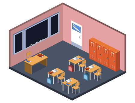 Isometric 3D vector illustration Interior class in school with students