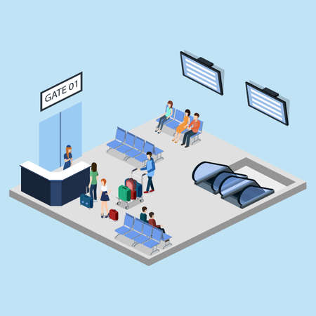 Isometric 3D vector illustration people at the airport with luggage and waiting for the planeのイラスト素材