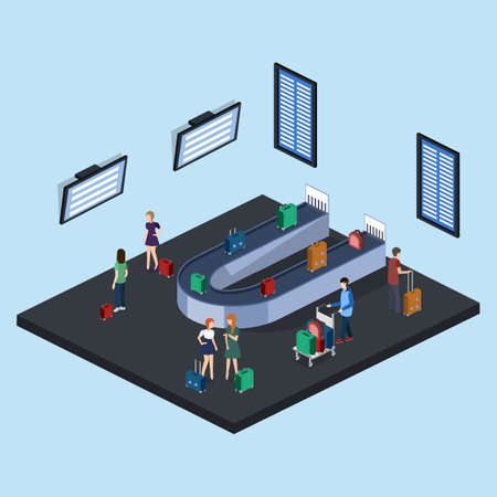 Isometric 3D vector illustration people at the airport with luggage and waiting for the planeのイラスト素材