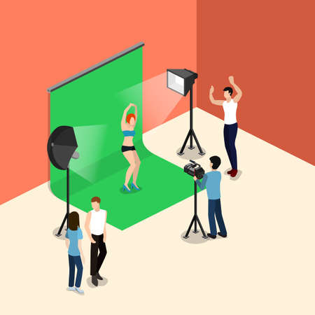 Movie set, photoshoot with staff and actors isometric 3D vector illustrationのイラスト素材