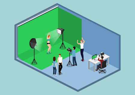 Movie set, photo shoot with staff and actors isometric 3D vector illustrationのイラスト素材