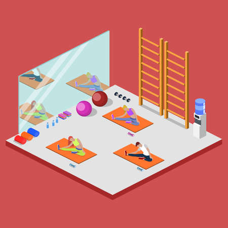 Class yoga and pilates, people are doing sports isometric 3D vector illustrationのイラスト素材