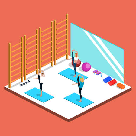 Class yoga and plates, people are doing sports isometric 3D vector illustrationのイラスト素材