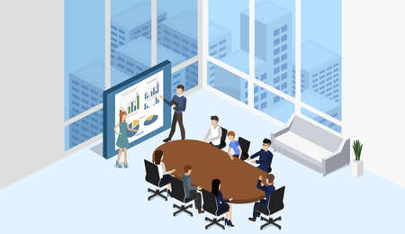 Isometric 3D illustration set Interior of department conference with workplacesのイラスト素材