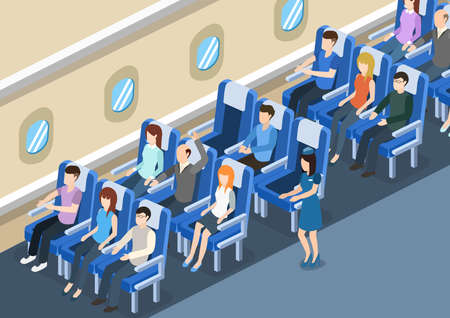Isometric 3D vector illustration board of the aircraft from the inside with passengers and stewardessのイラスト素材