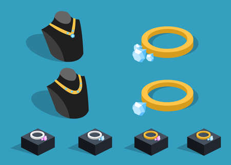 a collection of jewelry. Gold Rings and Necklaces. Isometric 3D vector illustrationのイラスト素材