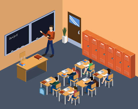 Isometric 3D vector illustration of Interior class in school with studentsのイラスト素材