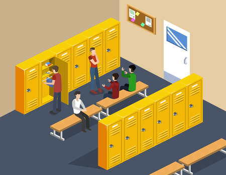 Isometric 3D vector illustration interior dressing room in school with studentsのイラスト素材