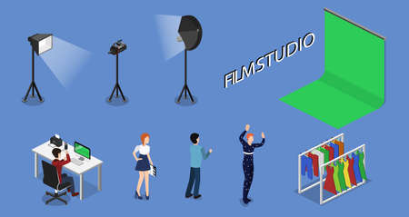 Movie set, photoshoot with staff and actors isometric 3D vector illustrationのイラスト素材