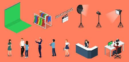 Movie set, photoshoot with staff and actors isometric 3D vector illustrationのイラスト素材