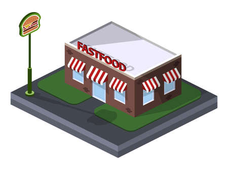 Isometric 3D vector illustration building fast food with banner hamburgerのイラスト素材
