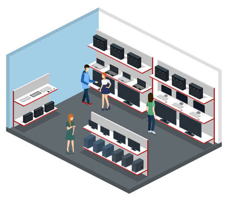 Isometric 3D vector illustration computer store and hardware store.のイラスト素材