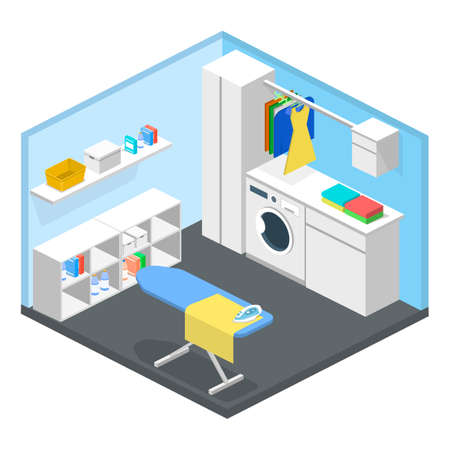 Laundry or cleaning room with washing machine and iron isometric 3D vector illustrationのイラスト素材