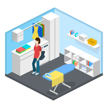 Laundry or cleaning room with washing machine and iron isometric 3D vector illustrationのイラスト素材