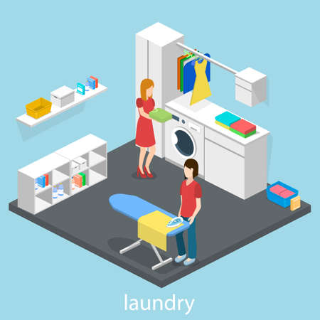 Laundry or cleaning room with washing machine and iron isometric 3D vector illustrationのイラスト素材