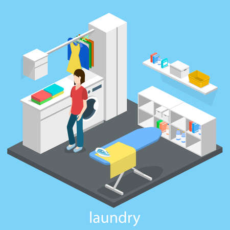 Laundry or cleaning room with washing machine and iron isometric 3D vector illustrationのイラスト素材