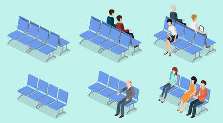 Isometric 3D vector illustration set collection of people sitting on a bench and waiting for receptionのイラスト素材