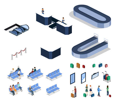 Isometric 3D vector illustration people at the airport with luggage and waiting for the planeのイラスト素材