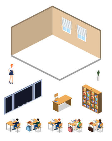 Isometric 3D vector illustration Interior class in school with students set of objectのイラスト素材