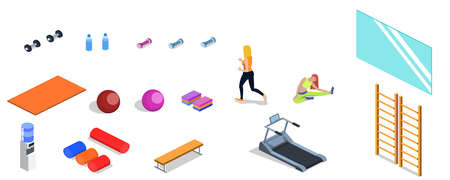 Set of object yoga and pilates, people are doing sports isometric 3D vector illustrationのイラスト素材