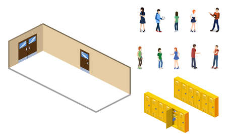 Isometric 3D vector illustration students in the school corridor go to classesのイラスト素材