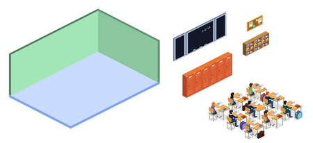 Isometric 3D vector illustration Interior class in school with students set of objectのイラスト素材