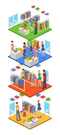 Isometric 3D vector illustration concept shopping in clothes storeのイラスト素材