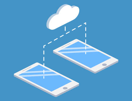 Isometric 3D Vector modern isometric smartphone with bubble speech on blue backgroundのイラスト素材