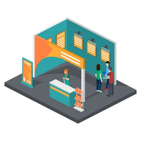 Isometric 3D vector illustration expo stand exhibition with peopleのイラスト素材