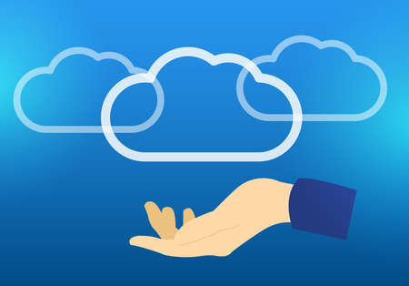 Flat vector illustration Cloud storage hosting blue background with shine and handのイラスト素材